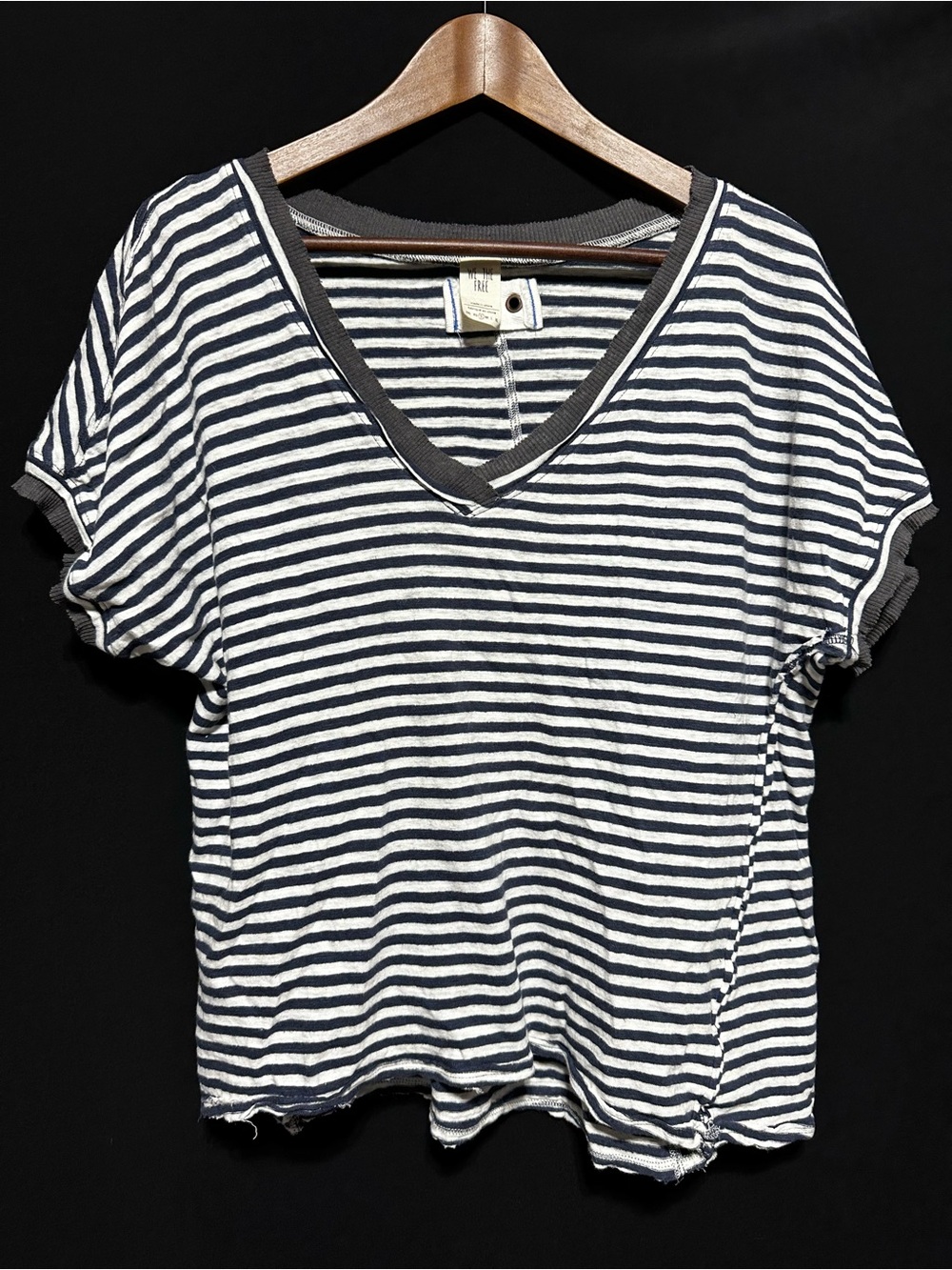 WE THE FREE Free People Striped Linen Blend Boxy Tee Coastal Boho Raw Hem S